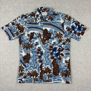Vintage 60s 70s Hawaiian Shirt Mens Small Blue Floral Vacation Resort Aloha Surf